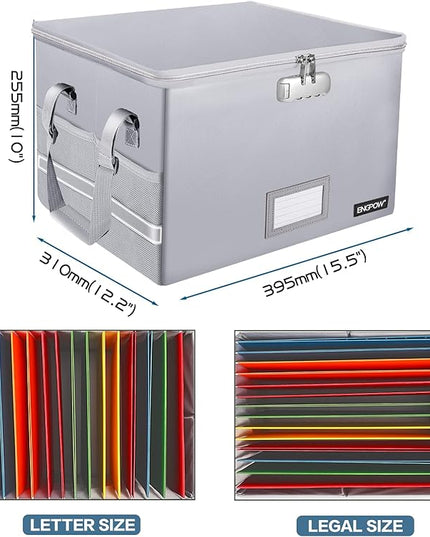 ENGPOW File Box with Lock, Fireproof Document Box with Zipper＆Pockets, Collapsible File Organizer Filing Storage Cabinet with Handle, Portable Home Office Safe for Hanging Letter/Legal Folder,Silver