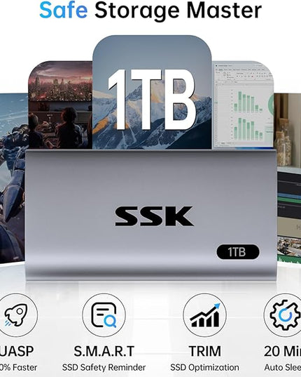 SSK 1TB SSD External Hard Drive, Portable SSD Up to 550MB/s Fast Solid State Drives, External Drive USB 3.2 Gen2 for iPhone 15/Pro, Windows, Mac, Android with LED Light, Trim, Smart Supported