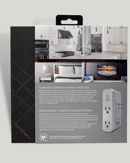 Austere V Series, Appliance Wall Power 4 Outlet Surge Protector for Kitchen, 3000 Joules, 1 USB-C 20W Fast Charger, 2.4 amps USB-C and A Ports, Overcurrent Protection, 5 Year Component Guarantee