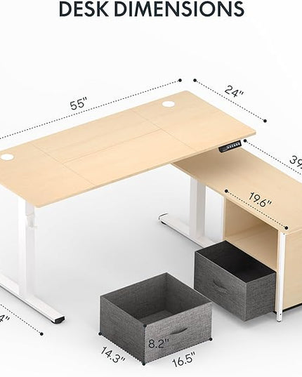 FLEXISPOT 55" L Shaped Standing Desk with Drawers and Shelves, Large Corner Stand Up Desk with Headphone Hooks for Home Office, Light Wood Grain Top+ White Frame