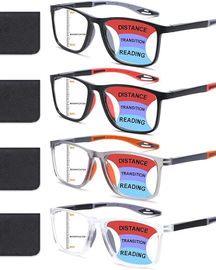 BLOEXCLU 4 Pack Progressive Multifocus Reading Glasses for Men Women TR90 Sports Style Anti-Blue Light Computer Readers