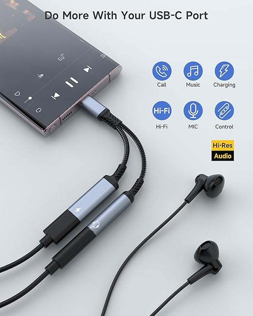 Marsno USB C to 3.5mm Headphone and Charger Adapter, 2-in-1 USB Type C to Aux Audio Jack Splitter, PD 60W Fast Charging Dongle for iPhone 17/16/15, Galaxy S25/S24/S23, iPad Pro, Pixel (Gray)