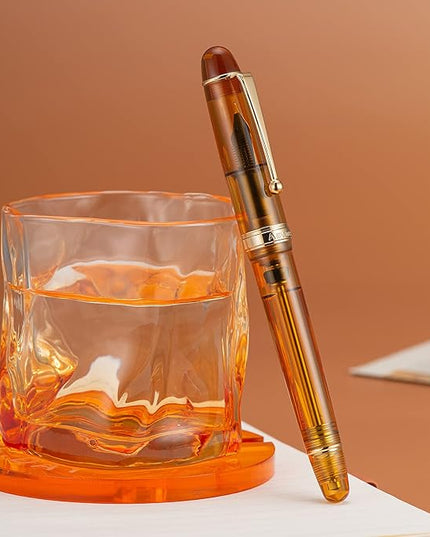 Asvine V126 Vacuum Filling Fountain Pen, Transparent Brown Acrylic Stub Nib 1.1mm Calligraphy Art Drawing with Case Set