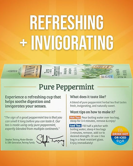 Twinings Pure Peppermint Herbal Tea Individually Wrapped Bags, 20 Count (Pack of 1), Fresh Minty Flavour, Naturally Caffeine-Free, Enjoy Hot or Iced, 20 Teabags