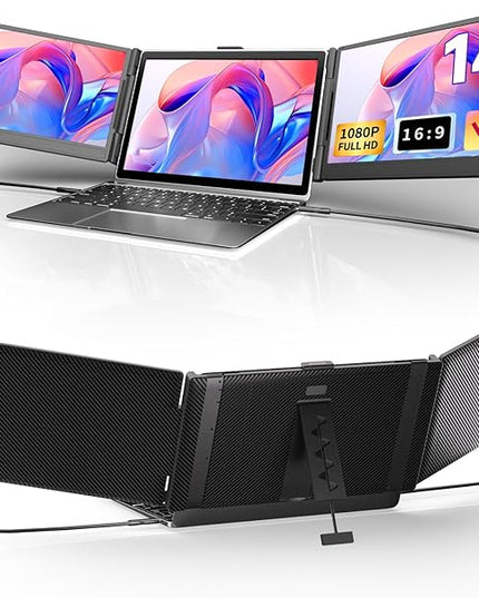 DZVW Triple Laptop Screen Extender, Upgraded 14" 1080P FHD IPS Laptop Monitor Extender, Plug & Play LCD Type-C/USB-A/HDMI Travel Monitor for Laptops 13"-17", Fits Windows Mac Linux Chrome