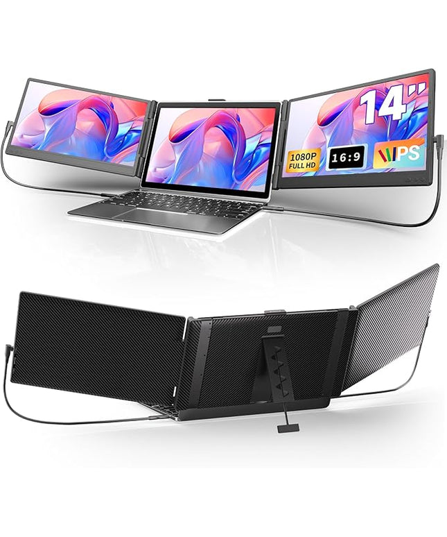 DZVW Triple Laptop Screen Extender, Upgraded 14" 1080P FHD IPS Laptop Monitor Extender, Plug & Play LCD Type-C/USB-A/HDMI Travel Monitor for Laptops 13"-17", Fits Windows Mac Linux Chrome