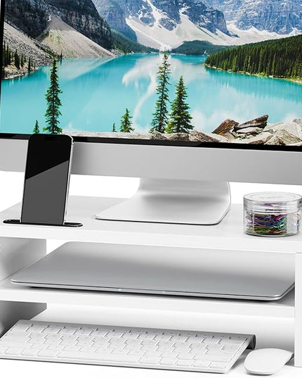 Marbrasse Monitor Stand Riser, 16.5 Inch 2 Tier Computer Printer Shelf Stand for Laptop Computer Screen Storage, Desktop Stand with Phone Holder and Cable Management (White)