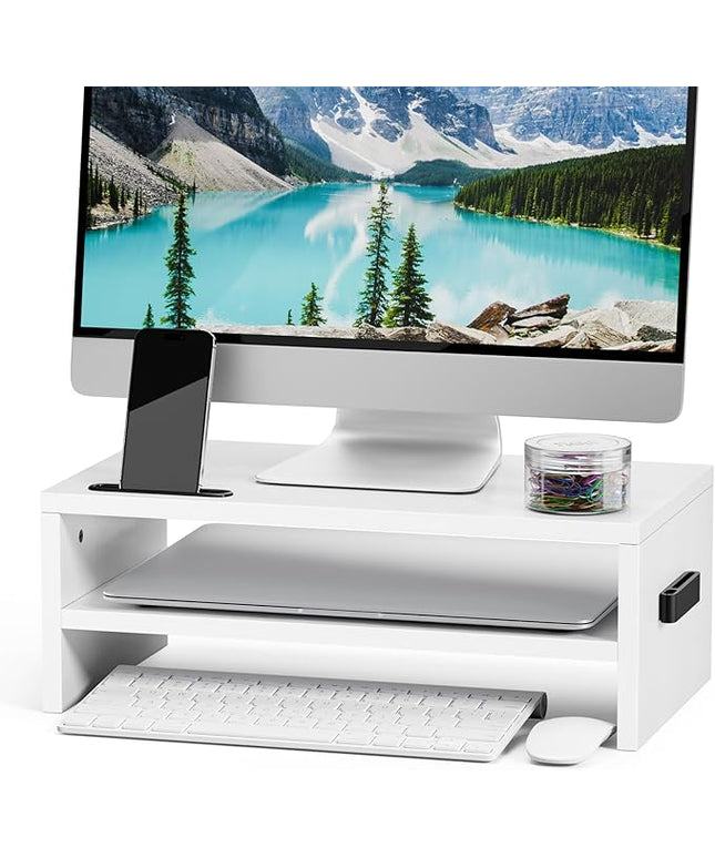 Marbrasse Monitor Stand Riser, 16.5 Inch 2 Tier Computer Printer Shelf Stand for Laptop Computer Screen Storage, Desktop Stand with Phone Holder and Cable Management (White)