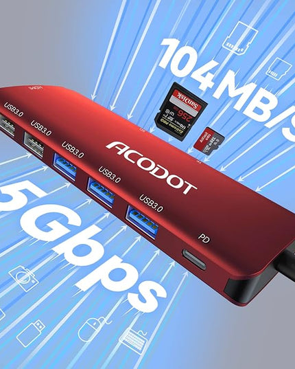 Acodot 9-in-1 USB C Hub Multiport Adapter - 4K@60HZ HDMI, 3 USB 3.0 Ports, SD/TF Card Reader, 100W PD for MacBook Pro Air HP XPS - Red