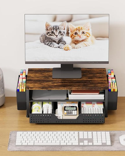 OPNICE Wood Desk Organizers and Accessories, 2-Tier Computer Monitor Stand Riser with Drawer and 2 Pen Holders, Laptop Stand, Office Desk Accessories for Office Supplies, Brown