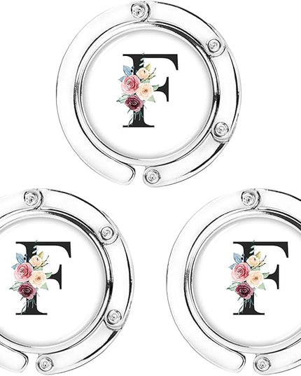 Iqimott 3pcs Personalized Initial Foldable Purse Hook for Table, Flower Letter Folding Handbag Hanger Portable Magnet Table Hook Holder, Collection Desk Purse Hooks for Women Bag (Black-F)