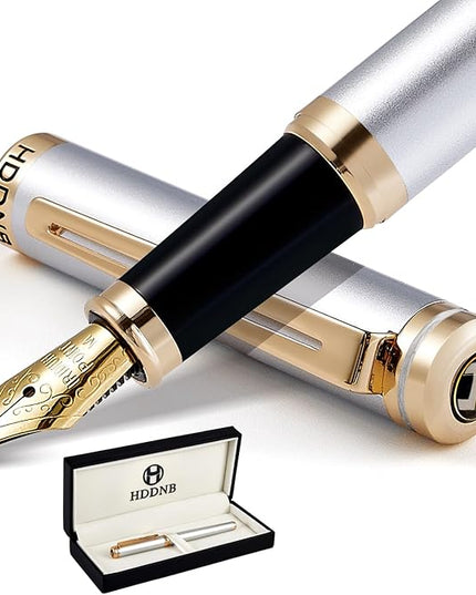 HDDNB Silver Luxury Fountain Pen Set for Men and Women with Gift Box, 24K Gold Finish and Gilded Nib(Medium) with 5 Black Ink Cartridges and Converter