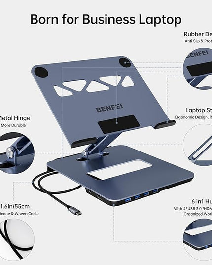 BENFEI Laptop Stand with USB C 6in1 Docking Station, HDMI 4K@60Hz, 4*USB3.0, 100W PD Compatible with MacBook Pro/Air, iPad Pro, XPS, Thinkpad