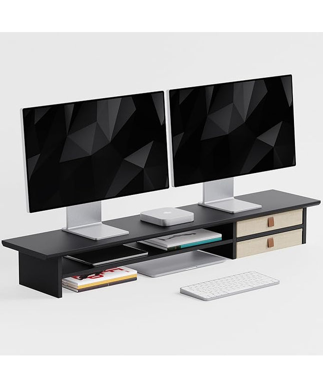 Dual‑Tier Monitor Stand Riser with Drawers, Desktop Organizer Shelf Storage for Computer Screen 2 Monitors, Supports for PC Computer Monitor, Printer, Heavy TV Riser Black