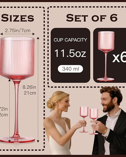 Pink Square Wine Glasses Set of 6, Elegant Ribbed Design Colored Crystal Glassware with Long Stem, 11.5oz Hand Blown Stemware For Red & White Wine Home Bar Party