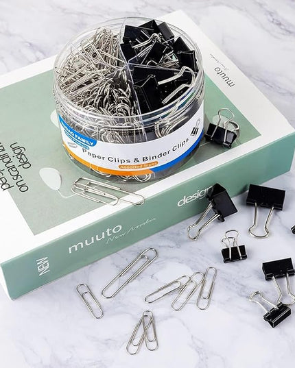 FUDAO FAMILY Paper Clips & Binder Clips, 340 PCS Assorted Sizes, Silver & Black, Metal, Medium, Large, Small
