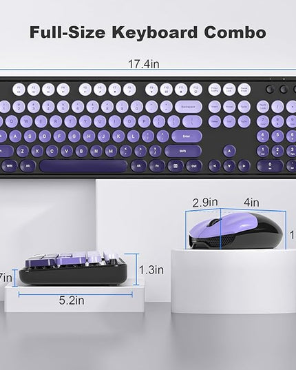 MOFII Wireless Keyboard and Mouse Combo, Full Size 2.4G Plug and Play Typewriter Retro Round Computer Keyboard and Mouse Set for Windows, Computer, Desktop, PC, Notebook - (Black Purple Gradient)