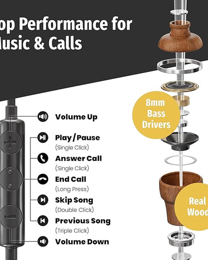 Symphonized Premium Wooden iPhone Earphones Wired (USB C) Deep Bass Sound, 3D Sound, Microphone Volume Control, 90% Noise Cancelling for Type C Devices. Earphones for iPhone 15 to 17 & Android (Black)