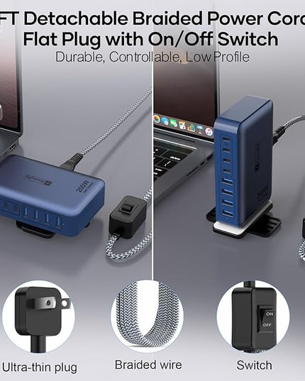 8-Port iPhone Charger Fast Charging 200W with Flat Plug, Braided Power Cord, and On/Off Switch- USB Charging Hub for iPhone, iPad, MacBook and More- 65W C Port Power Adapter for Laptops