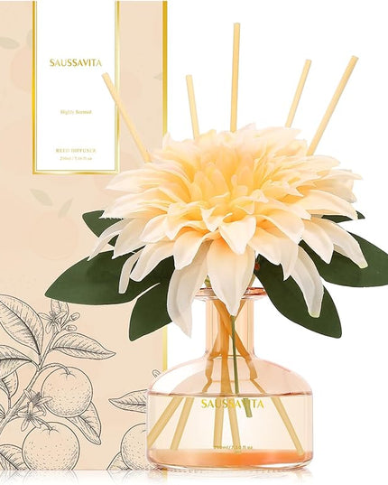 Saussavita Reed Diffuser Set for Home, 7.1 fl oz / 210 ml - Tangerine Scent Diffuser with Sticks Home Fragrance Flower Reed Diffuser with Plastic Flowers for Bathroom Shelf Décor