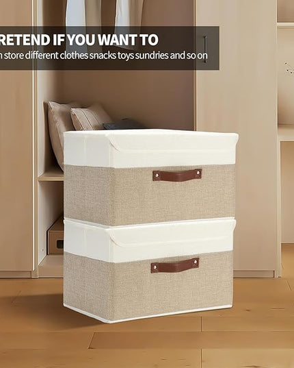9 Pack Decorative Storage Bins Containers & Fabric Bins with Lids Storage Baskets for Shelves Drawers, Desktop, Closet, Playroom, Classroom, Office, Bedroom, Home, Garage (white/beige, 14.9X10X10)