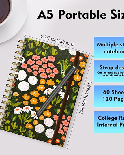 Spiral Journal Notebook, A5 Cute Notebooks for Women Men, College Ruled Hardcover Notebook for Work & Note Taking, 60 Pages Double-Wire Journals for Writing, Abstract Flowers
