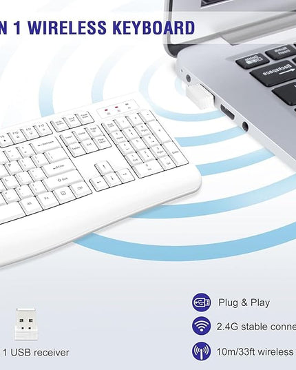 QUASIO Wireless Keyboard, 2.4G Full-Sized Ergonomic Wireless Computer Keyboard with Wrist Rest for Windows, Mac OS Laptop/PC/Desktop/Notebook(Off White)