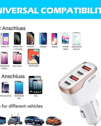 SUNDA 60W USB C Fast Car Charger, 4-Ports Car Charger Adapter, Dual Type C PD30W/PPS30W Compatible with iPhone17/16/15 Pro/Max/iPhone14/iPad Pro/Galaxy/SamsungS25, Dual USB-A 18W QC3.0 for Android