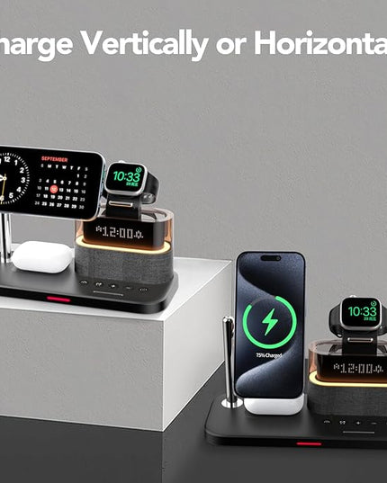 5 in 1 Wireless Charging Station for Apple,Mag-Safe Charger with Alarm Clock Night Light for Multiple Devices,Nightstand Charging Station for iPhone 17/16/15/14/13/12,Apple Watch Series,Air-Pods