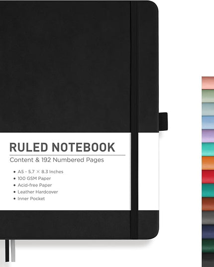 RETTACY Lined Journal Notebook, 192 Numbered Pages, A5 Medium Size (5.7'' x 8.3''), for Men & Women, Journaling, Writing, Work & Office, Leather Hardcover, 100 GSM Thick Paper (Black)