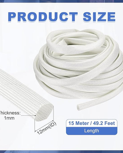 uxcell Insulation Cable Protector,12mm/0.47 Inch-15m/49 Feet High Temp Fiberglass Sleeve White