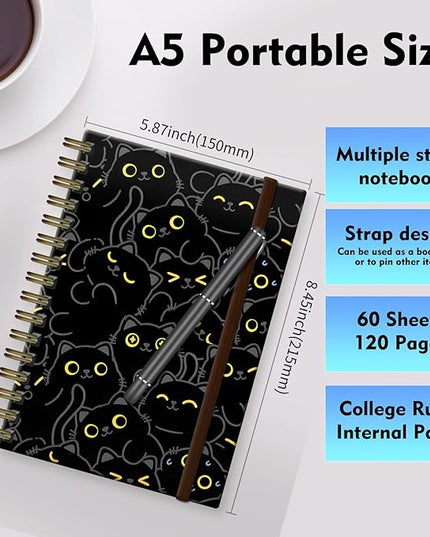 Cute Spiral Journal Notebook,A5 Hardcover Lined Journals for Women Girl 6 x 8.3 in,120 Pages Thick Paper,Cute College Ruled Writing Notebook for Gifts Office Work School (Cute Black Cat)