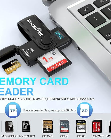 USB 3.0 SD Card Reader, Rocketek 2 Slots Memory Card Reader with a Build-in Micro SD Card Cap for SDXC/SDHC/UHS-I SD Cards, TF/Micro SD Cards Reader - Take It as a USB 3.0 Flash Drive