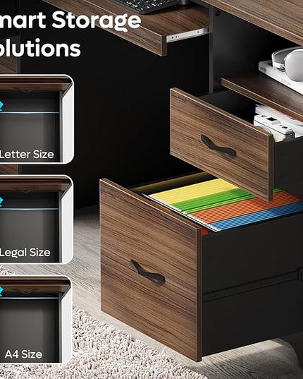 Bestier 59” Computer Desk with 4 Drawers, Office Desk with Storage, Industrial Executive Desk with File Drawer, Keyboard Tray & 2 Pedestals for Home Office & Studio, Cherry