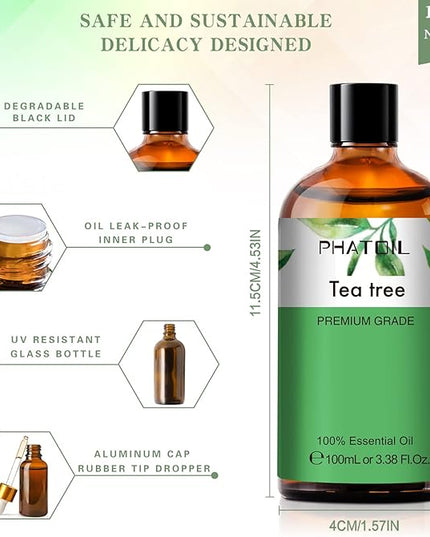 Tea Tree 3.38fl.oz Essential Oil, PHATOIL Pure Aromatherapy Oils for Diffuser, Humidifier, Perfect for DIY Soap, Candle, Bath Bombs Making(100ml)