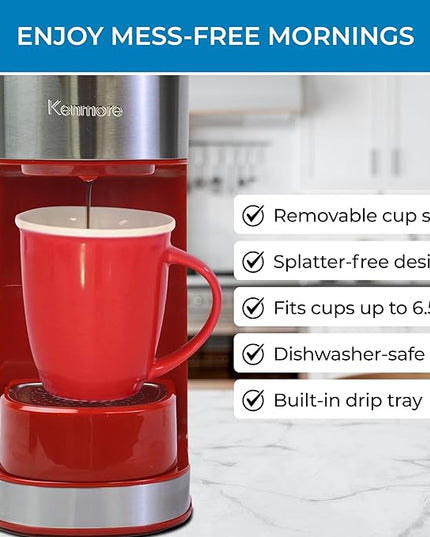 Kenmore Single Serve Coffee Maker – Compatible with Keurig K‑Cup Pods & Ground Coffee, One Cup Brewer, 6–14 Oz Brew Sizes, Travel Mug Friendly, Auto Shut‑Off, Hot & Iced Maquina de cafe, Red