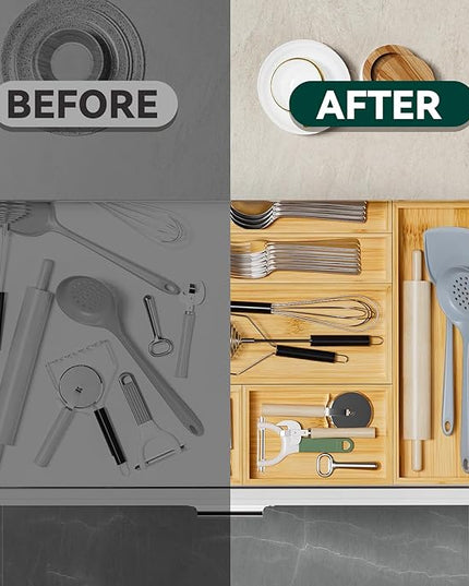 Bamboo Kitchen Drawer Organizer, Stackable Utensil Holder Silverware Organizer Cutlery Tray - 2PCS Organizer Bins for Makeup Jewelries Flatware in Bathroom, Office Desk, Cabinets, 15x6x2 inch