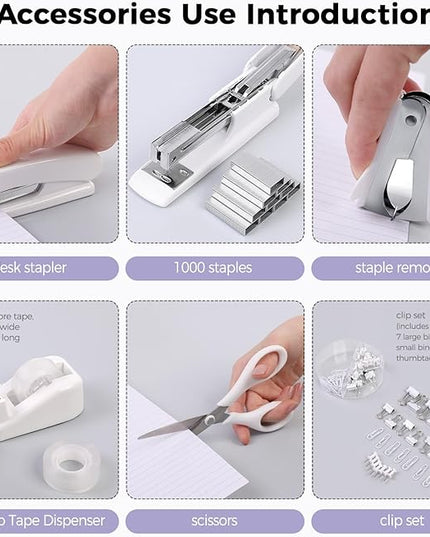 SKYDUE White Office Supplies Set, Desk Accessories, Stapler, Tape Dispenser, Scissors, Binder/Paper Clips and 1000pcs Staples, Office Decor for Women