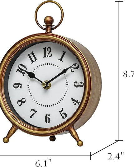 MACVAD EMAX Home Vintage Small Table Clock on Stand,Desk and Shelf Clock Decorative Farmhouse Mantel Non-Ticking Clock Rustic Metal Frame with Antique Gold Finish 9.3 Inch…