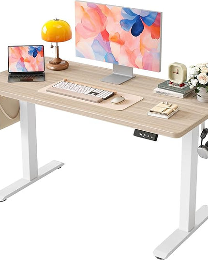 TIQLAB Electric Standing Desk, 47 * 24 Inches Adjustable Height Stand up Desk,Sit Stand Home Office Table with Splice Board, Light Walnut