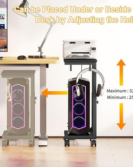 Snughome Computer Tower Stand with Charge Station, 25.0"-32.1" Height Ajustable PC Tower Stand for Floor, Mobile CPU Holder Cart for Carpet with Hooks, PC Cart for Gaming Office Home