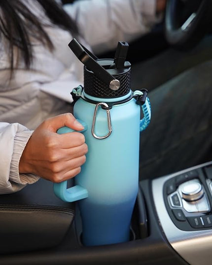 BJPKPK Insulated Water Bottles with Straw Lid, 40oz Metal Water Bottle with 2 lids & Paracord Strap, Double Wall Stainless Steel Tumbler with Handle, Reusable Cups, Mugs, Thermo, Sky