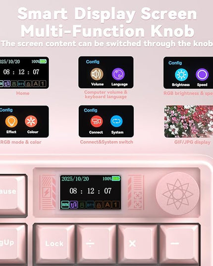 LINGBAO K108 Pro Wireless Mechanical Keyboard with Screen & Knob, Full Size Creamy Keyboard with Number Pad, 10000mAh Battery, PBT Keycaps, RGB Backlit, Hot-swappable Pink Gaming Keyboard for PC/Mac