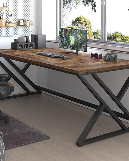 LVB 78.7" Computer Desk, Industrial Extra Long Wood Home Office Desk, Large Rustic Modern Metal Workstation Pc Study Writing table, Dual monitor Double Work Executive Desk for Two Person, Rustic Brown