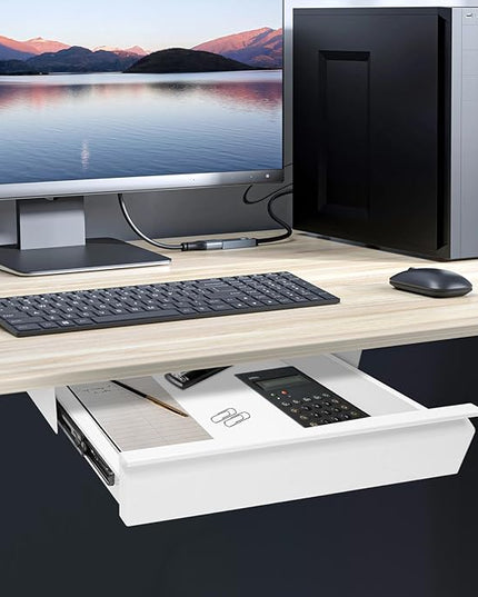 16" Under Desk Drawer Slide Out For Office Desk, Storage Organizer For Sit Stand Workstation, White