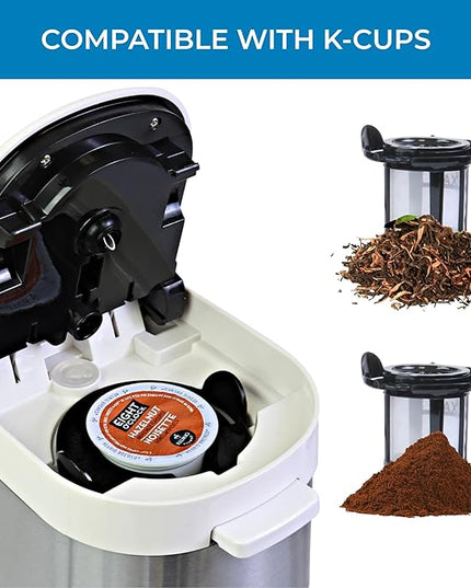 Kenmore Single Serve Coffee Maker – 6–14 Oz Brew Sizes, Compatible with Keurig K‑Cup Pods & Ground Coffee, One Cup Brewer, Travel Mug Friendly, Auto Shut‑Off, Hot & Iced maquina de cafe, White
