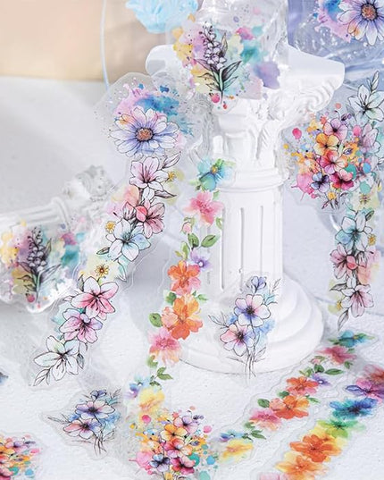 Dwpetzo 120Pcs Watercolor Decorative Stickers for Journaling, 6 Pack Flower Lace Frame Transparent PET Stickers for Scrapbooking, Junk Journal Supplies, Collage, Card Making, Crafts Arts