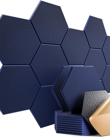 12 Pack Self-Adhesive Acoustic Panels 12" X 10" X 0.4" - Sound Proof Foam Panels with High Density, Stylish Hexagonal Design, Flame Resistant, Absorb Noise and Eliminate Echoes(Dark Blue)