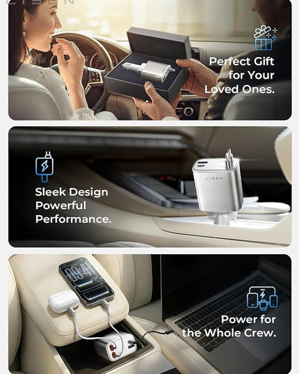LISEN White Retractable Car Charger, for Gifts for Him Her, for iPhone 17, Cute 4 in 1 Retractable USB C Car Charger for Women, 75W Fast Charging Car Accessories for iPhone & Samsung S26 & Android