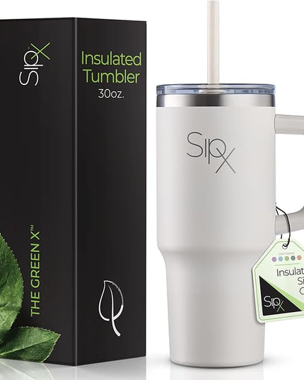 SIPX™ 30 oz Insulated Tumbler with Handle & Straw – Vacuum Insulated Stainless Steel, Leakproof, Cupholder Friendly – Perfect for Iced Coffee, Water & Travel – White